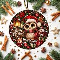 Christmas Owl Ornament, Cute Woodland Animal Decor, Merry Christmas Holiday Tree Tag