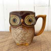 Vintage Owl Mug, Anthropomorphic Bird Mug, Ceramic Glaze Coffee Cup