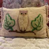 Vintage Hooked Wood Owl Pillow | Lumbar Accent Cushion | Primitive Fringe Edge Boho Woodland Owl on