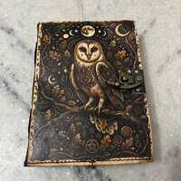 Witch Owl Leather Journal 7x5 | Celtic Grimoire Diary with Clasp | Moon & Rune Notebook | Pagan