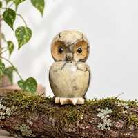 Vintage Hand Carved Genuine Alabaster Stone Owl Figurine with Multicolored Marbling Details and Glas
