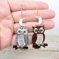 Moon Owl Earrings: Halloween Gothic Acrylic Jewelry, Spooky Witchy Whimsical Earrings, Woodland Anim