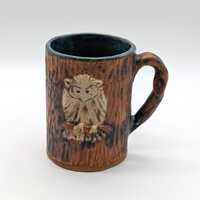 Handmade Owl Mug, New England Studio Pottery, Tree Bark Texture Coffee Cup, Cozy Autumn, Signed M
