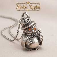 Handmade Halloween Owl Pendant, Witch Hat Owl Necklace with Pumpkin Hat and Star Wand, Cute Spooky A