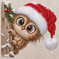 Christmas Owl Embroidery Design, Owl Peeking Behind Wooden Post, Cute Winter Bird Machine File