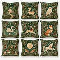 Woodland Christmas Pillow Cover, Deer Owl Fox Swan Rabbit Unicorn Cushion, Vintage Forest Botanical