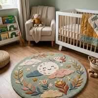 Hand-Tufted Moon & Owl Nursery Rug | Round Wool Kids Room Carpet