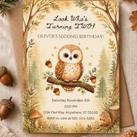 Owl Birthday Invitation Template Woodland Forest Party Cute Animal Theme Watercolor Woods Gender Neu