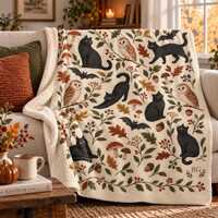 Personalized Halloween Blanket, Black Cat Owl Autumn Woodland Sherpa Throw, Monogram Fall Blanket