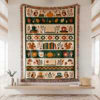 Woven Fall Bookish Owl Tapestry Throw, Autumn Reading Blanket, Woodland Decor