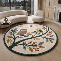 Round Owl Rug, Woodland Nursery Area Rug, Botanical Kids Room Rug, Forest Green Animal Rug, Moon &am