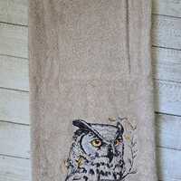 Owl Embroidered Bath or Hand Towel, Autumn Horned Owl Towels, Personalized Gift