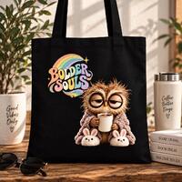 Funny Owl Tote Bag / Coffee Lover Tote / Cozy Owl Bag / Bolder Souls Black Canvas Tote / Cute Animal