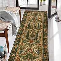 Woodland Runner Rug: Deer Owl Bird Floral Carpet, Green Botanical Forest Garden Wildlife Decor