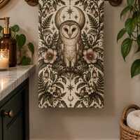 Celestial Owl Hand Towel, Botanical Floral Bathroom Decor, Cottagecore Guest Towel