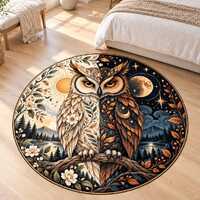 Mystic Owl Rug, Washable Round Area Carpet, Colorful Printed Floor Decor for Home and Bedroom