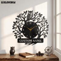 Personalized Owl Tree Metal Wall Clock, Nature Bird Art, Forest Wildlife Decor