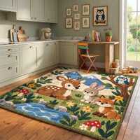 Woodland Animal Rug, Deer Bunny Fox Owl Forest Rug, Kids Nursery Rug, Nature Area Rug, Hand Tufted W