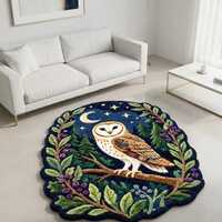 Handmade Barn Owl Tufted Wall Hanging, Celestial Night Woodland Fiber Art, Crescent Moon & Stars