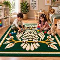 Hand Tufted Owl Kids Rug, Green Woodland Nursery Carpet, Animal Playroom Decor