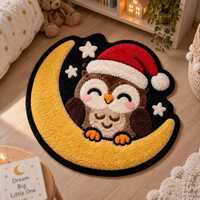 Santa Hat Owl Crescent Moon Tufted Rug, Holiday Handmade Textile Decor, Cute Christmas Night Sky Acc