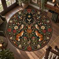 Woodland Round Rug: Deer Fox Owl Forest Animals Celestial Botanical Cottagecore Folk Art Decor