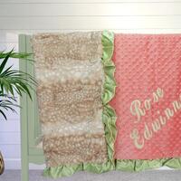 Faux Owl Fur Minky Baby Blanket, Sage Green Satin Ruffle, Neutral Nursery Keepsake, More Colors Avai