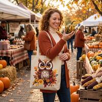 Autumn Owl Illustration Tote Bag | Fall Floral Harvest