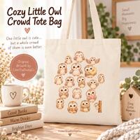 Kawaii Little Owl Tote Bag, Cute Owl Crowd Canvas Tote, Cozy Owl Bag, Woodland Animal Tote, Owl Love