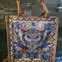Tote Bag Handbag Owl Diamond Crystal Rhinestone White Tan Brown Shopping Lunch Book Travel Work Medi