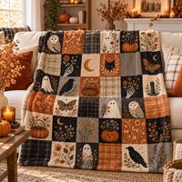 Halloween Patchwork Blanket, Ghost Black Cat Owl Pumpkin Throw, Cozy Autumn Flannel Fleece Blanket,