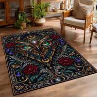 Celestial Owl Rug: Gold Moon, Teal Feathers, Floral Moth Pattern, Gothic Mystical Night Decor