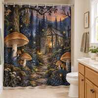 Enchanted Mushroom Shower Curtain: Glowing Greenhouse, Owl, Ferns and Firefly Forest