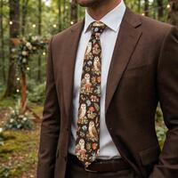 Woodland Owls Pattern Necktie, Autumn Mushrooms & Ferns, Thanksgiving Gift for Him, Gift for Boy