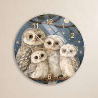 Owls Tempered Glass Wall Clock Illustration Nighttime Theme Nursery Use Bird Lover Gift