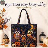Personalized Owl Quilted Tote Bag, Custom Name Bird Tote Bag, Halloween Owl Bag, Witch Owl Quilted B