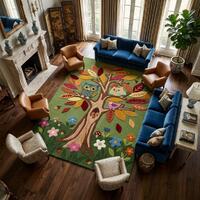 Woodland Owl Rug, Hand Tufted Wool Area Rug, Forest Tree Animal Carpet, Nature Nursery Rug, Kids Roo