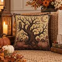 Halloween Woven Throw Pillow, Spooky Owl Pumpkin Tree Tapestry, Rustic Gothic Fall Cottage Decor