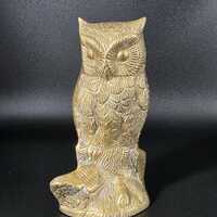 Vintage Brass Owl Figurine- Mid Century Brass Owl Statue on Log/Branch- Retro Boho Bird Decor- Wise