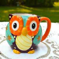 Vintage Owl Mug 14 oz, Raised Relief Ceramic Coffee Cup, Colorful Woodland Wildlife Drinkware, Natur