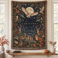 Winter Forest Animals Owl Deer Holiday Blanket, Throw Vintage Woodland Christmas Tapestry