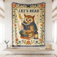 Moonlit Owl Bookworm Woven Wall Hanging | Lantern and Book Stack, Whimsical Library Wall Art, Vintag