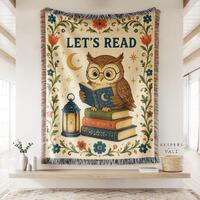 Scholarly Owl Reader Cozy Woven Throw | Glasses Lantern Book Stack, Cottagecore Library Decor, Story