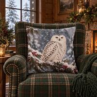 Snowy Owl Christmas Pillow Cover, Winter Woodland Pillow, Snowy Owl Decor, Christmas Lodge Decor, Wi