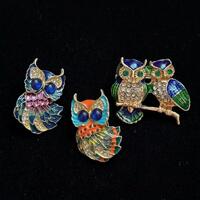 Vintage Enamel Owl Brooch Set, Rhinestone, Boho Bird Pins (Set of 2)