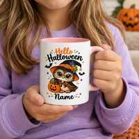 Hello Halloween Owl Mug, Accent Coffee Mug Owl Mug, Cute Witch Owl Coffee Cup, Hello Halloween Mug f