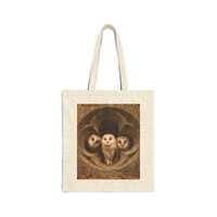 Barn Owl Trio Tote Bag | Wildlife Illustration, Rustic Tree Bark Design