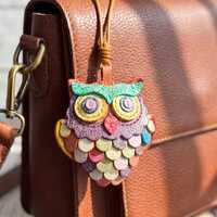 Leather Owl Bag Charm, Handmade Layered Feather Owl Keychain, Cute Purse Accessory, Owl Lover Birthd