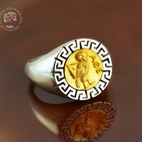 owl greek key silver golden ring, owl ring, coin ring, greek key ring, coin jewelry, greek jewelry, 