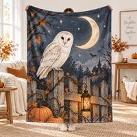 Barn Owl Moon Blanket, Gothic Autumn Throw, Halloween Owl Cozy Blanket, Pumpkin Lantern Fall Bedding